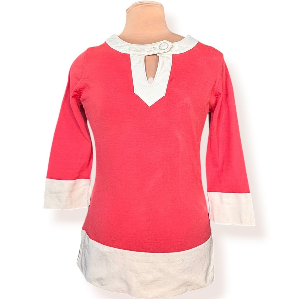 Michael Simon Silk Lamb Leather Trim Knit Tunic Top Coral Pink Ivory Retro Mod